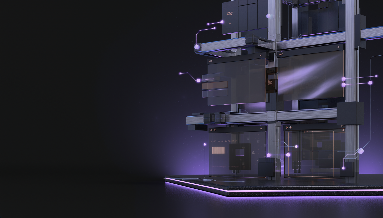 Ilustração 3D de uma estrutura digital sendo construída em módulos.